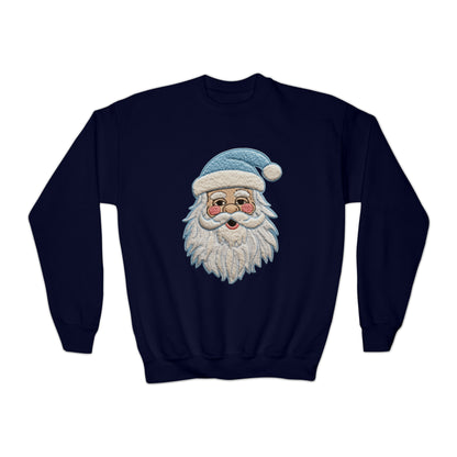 Blue Santa Chenille Patch - Chritmas Hoiday Design - Youth Crewneck Sweatshirt