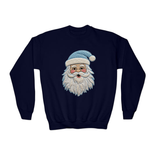 Blue Santa Chenille Patch - Chritmas Hoiday Design - Youth Crewneck Sweatshirt