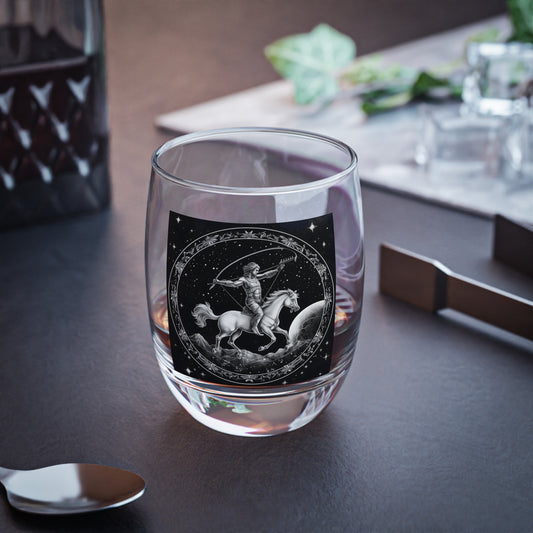 Sagittarius Zodiac - Clear Glass Whiskey Glass - Solid Base - Unique Black & White Celestial Design