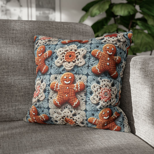 Christmas Holiday Delight: Crocheted Gingerbread Smile Pattern with Lace Snowflakes - Spun Polyester Square Pillow Case
