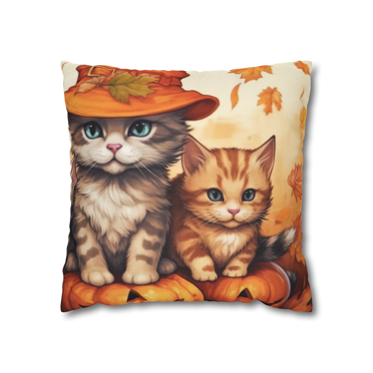 Kitty Cat Kittens Halloween - Cute Furries on Pumpkin - Festive Feline Decor - Spun Polyester Square Pillow Case