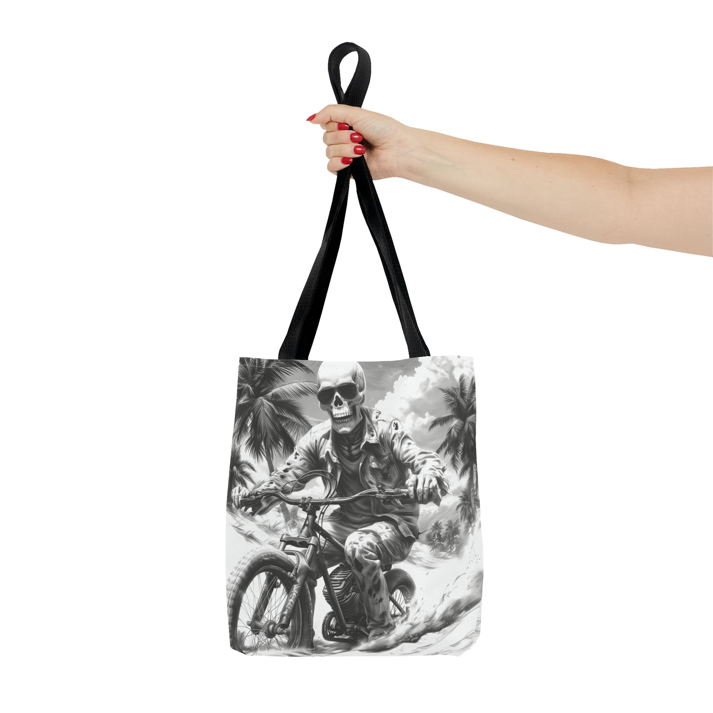 Biker Skeleton Wearing Sunglasses, Riding Sunset Boulevard in California Motorcycle, Tote Bag (AOP)