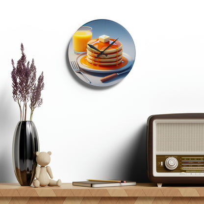 Breakfast  Acrylic Wall Clock - Fluffy Pancakes Stacked Plate, Golden Maple Syrup, Melting Butter, Glass of Orange Juice