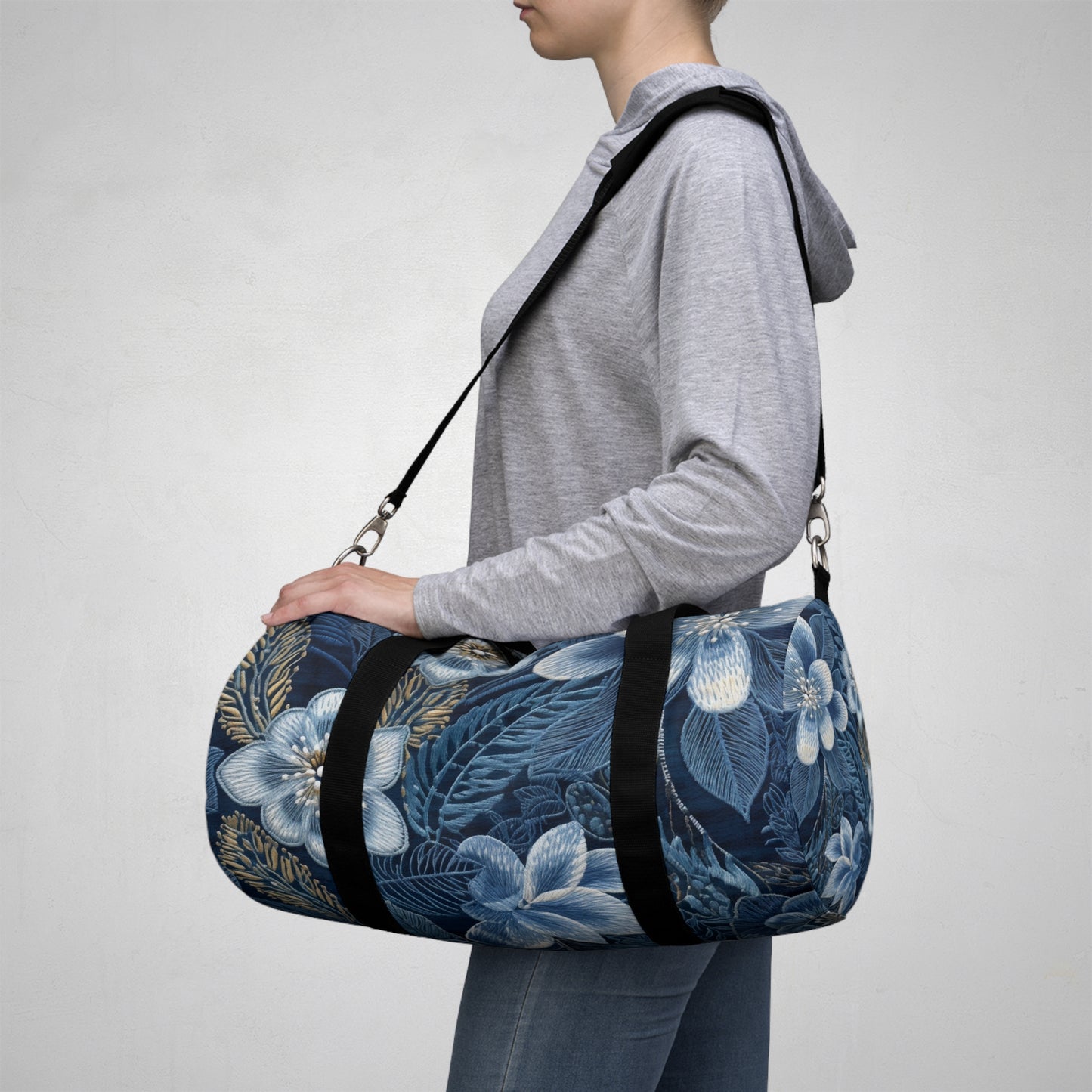 Flower Blossom Embroidery Floral on Denim Style - Duffel Bag