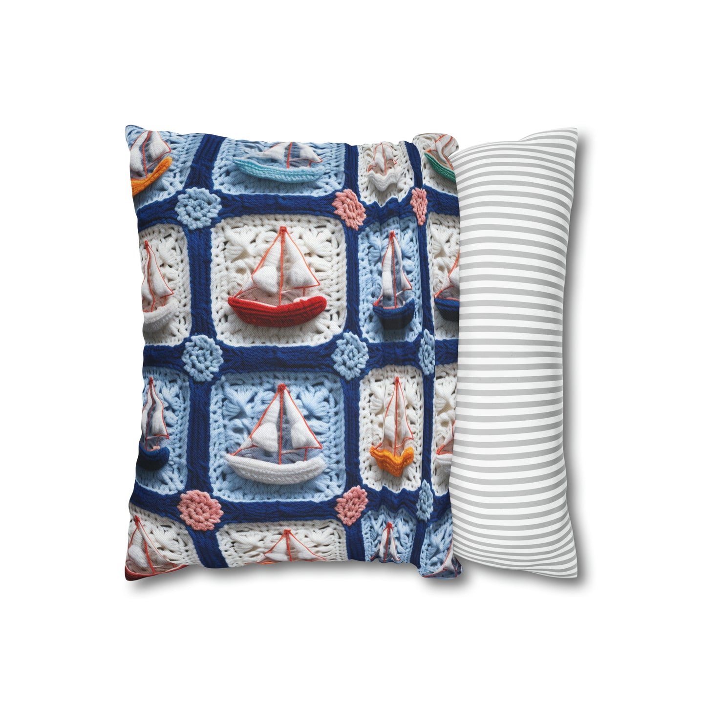 Crochet Boat Ship Sea Vessel Ocean Beach Travel Yacht Design - Spun Polyester Square Pillow Case