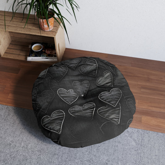 Black: Distressed Denim-Inspired Fabric Heart Embroidery Design - Tufted Floor Pillow, Round