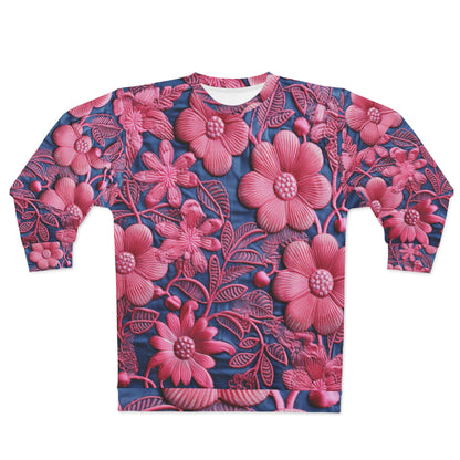 Denim Blue Doll Pink Floral Embroidery Style Fabric Flowers - Unisex Sweatshirt (AOP)