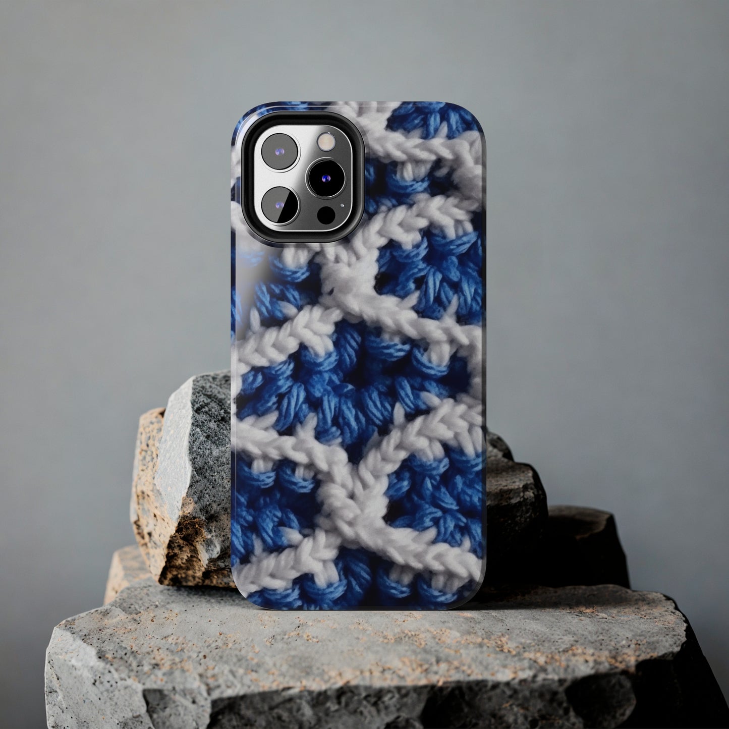 Blueberry Blue Crochet, White Accents, Classic Textured Pattern - Tough Phone Cases