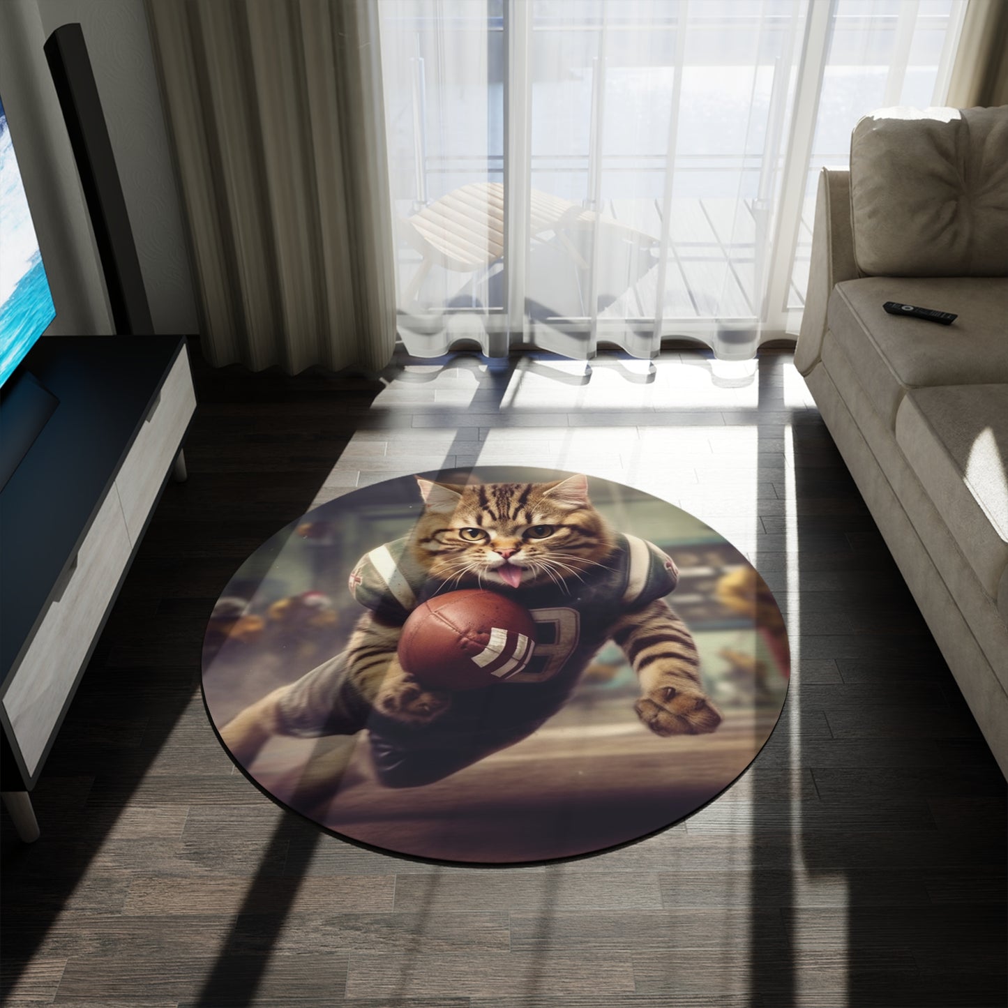 Football Field Felines: Kitty Cats in Sport Tackling Scoring Game Position - Round Rug