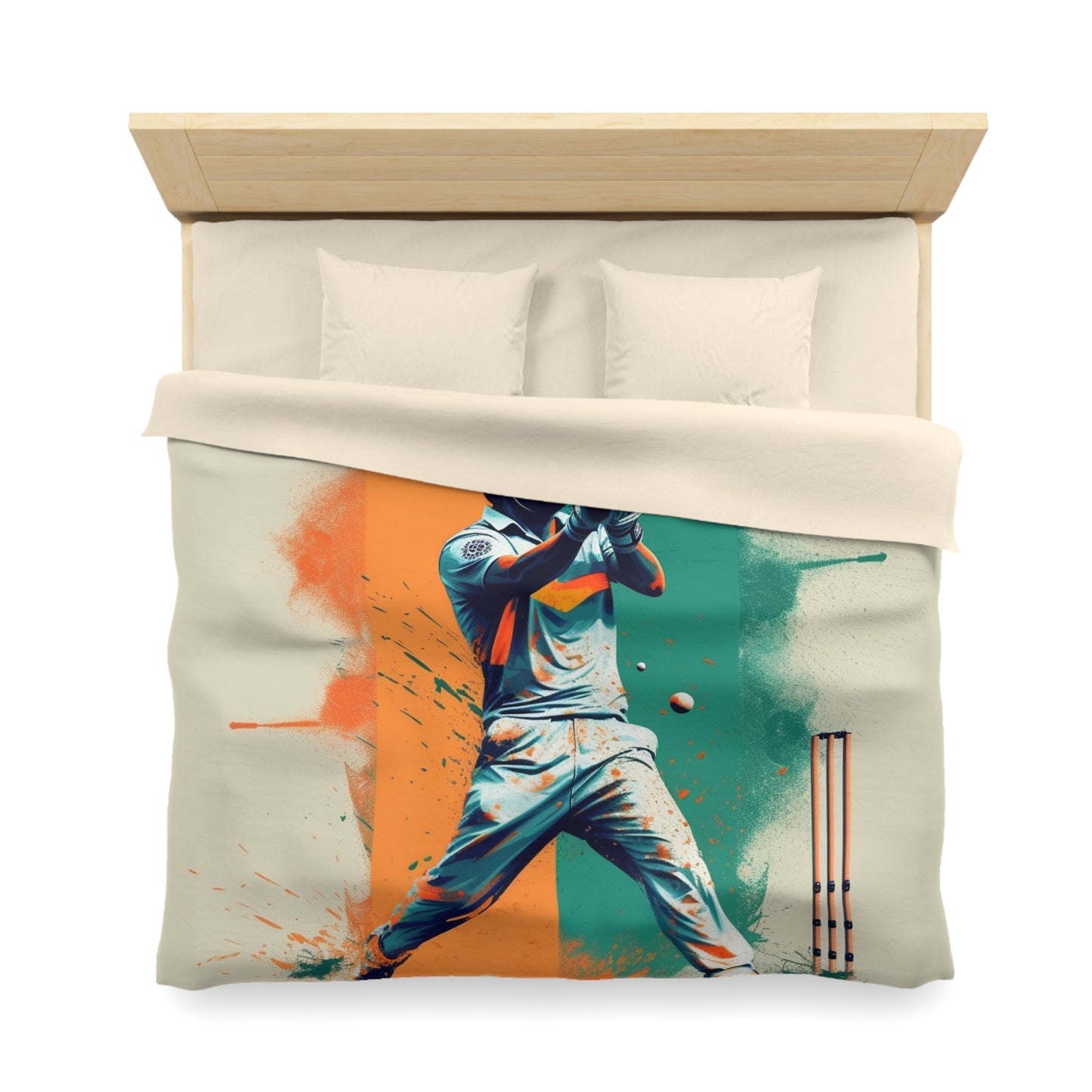 Cricket Batsman, Ball Strike, Indian Flag Color Background - Street Style - Microfiber Duvet Cover