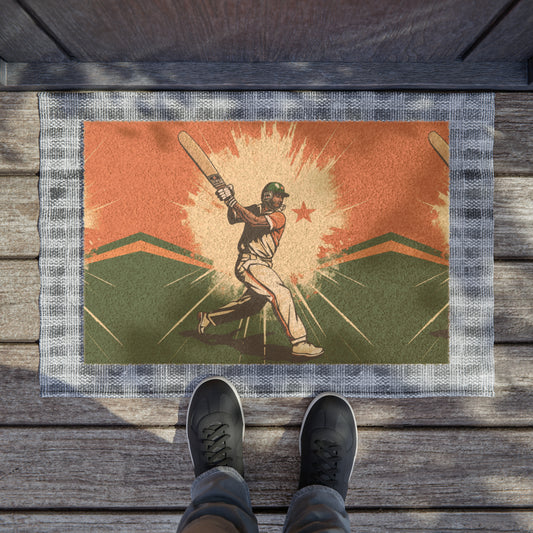 Estrella de críquet de la India: bateador con bate de sauce, estilo bandera nacional, juego deportivo, tapete de fibra de coco para puerta