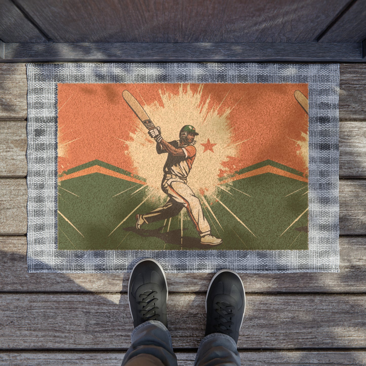 India Cricket Star: Batsman With Willow Bat, National Flag Style - Sport Game - Door Coir Mat