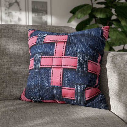 Candy-Striped Crossover: Pink Denim Ribbons Dancing on Blue Stage - Spun Polyester Square Pillow Case