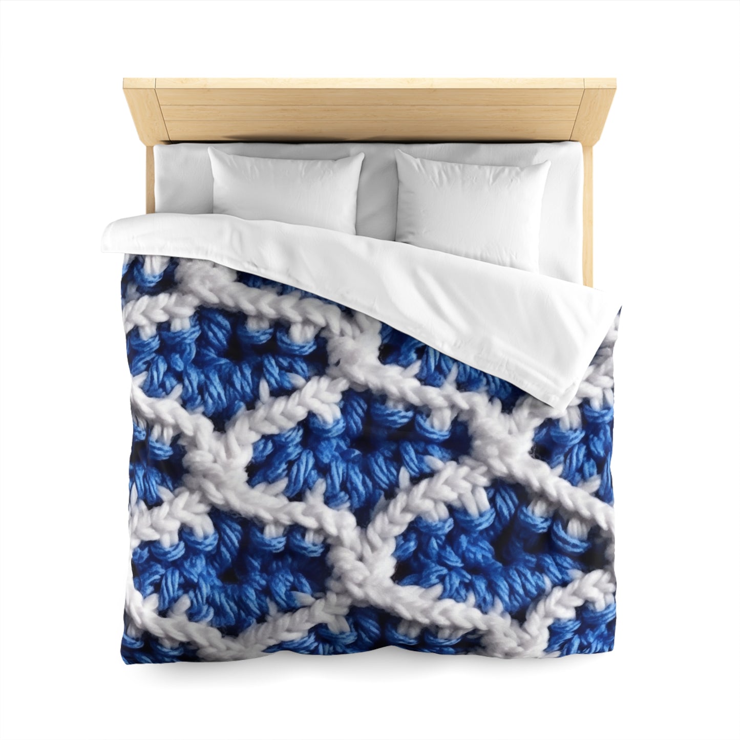 Blueberry Blue Crochet, White Accents, Classic Textured Pattern - Microfiber Duvet Cover