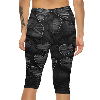 Black: Distressed Denim-Inspired Fabric Heart Embroidery Design - Women’s Capri Leggings (AOP)