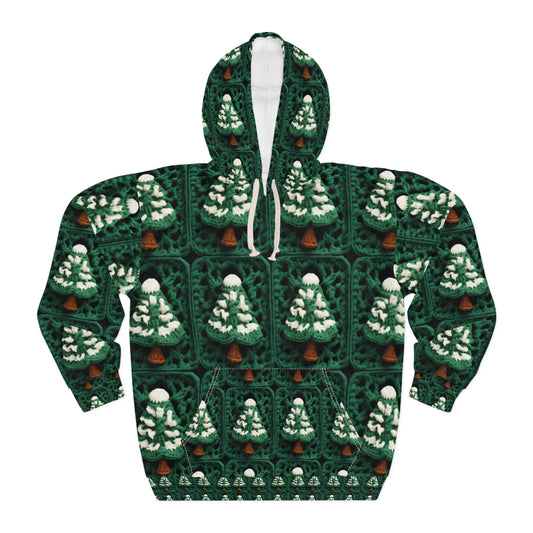 Evergreen Christmas Trees Crochet, Festive Pine Tree Holiday Craft, Yuletide Forest, Winter - Unisex Pullover Hoodie (AOP)