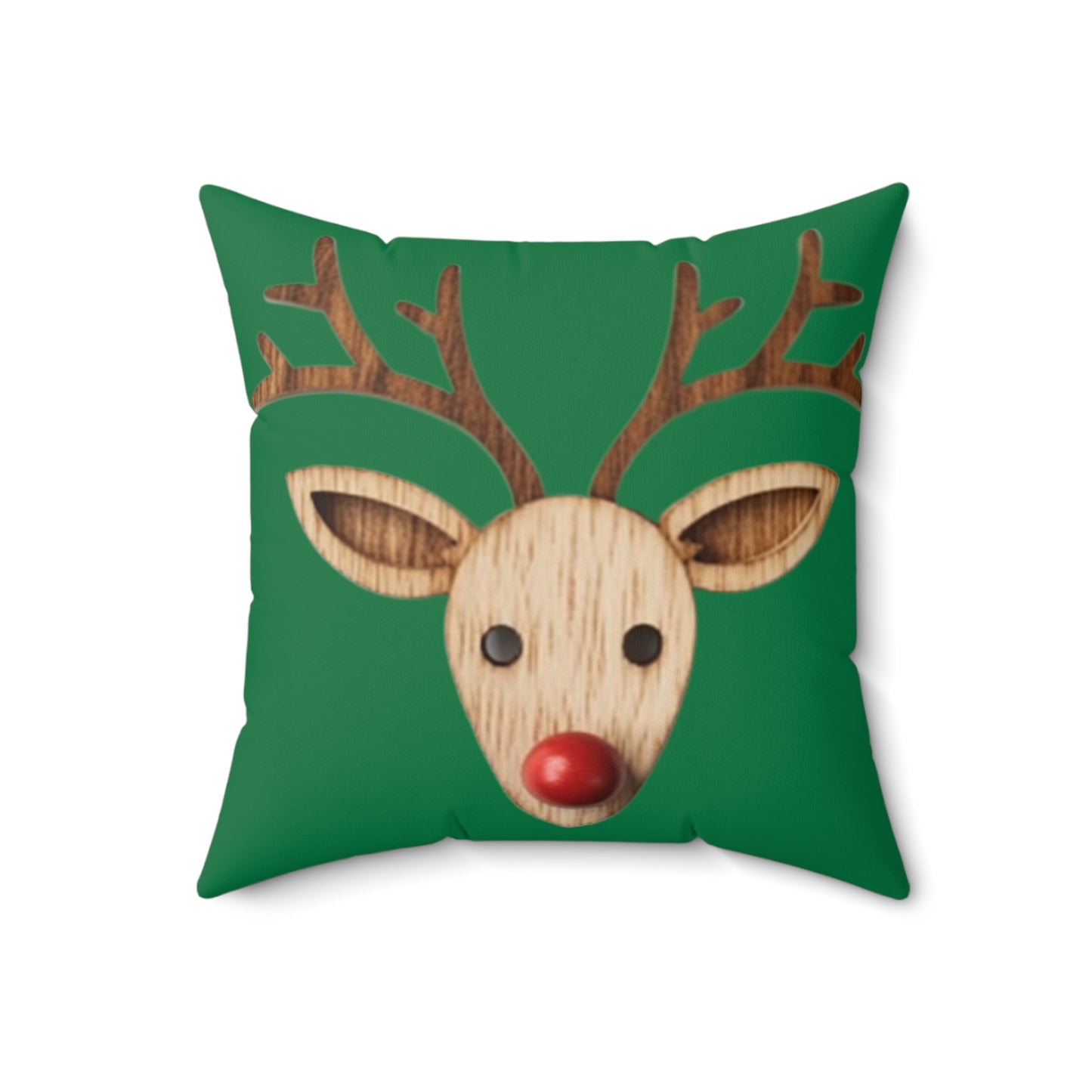 Red Reindeer Nose Christmas Classic Winter Season - Green - Spun Polyester Square Pillow