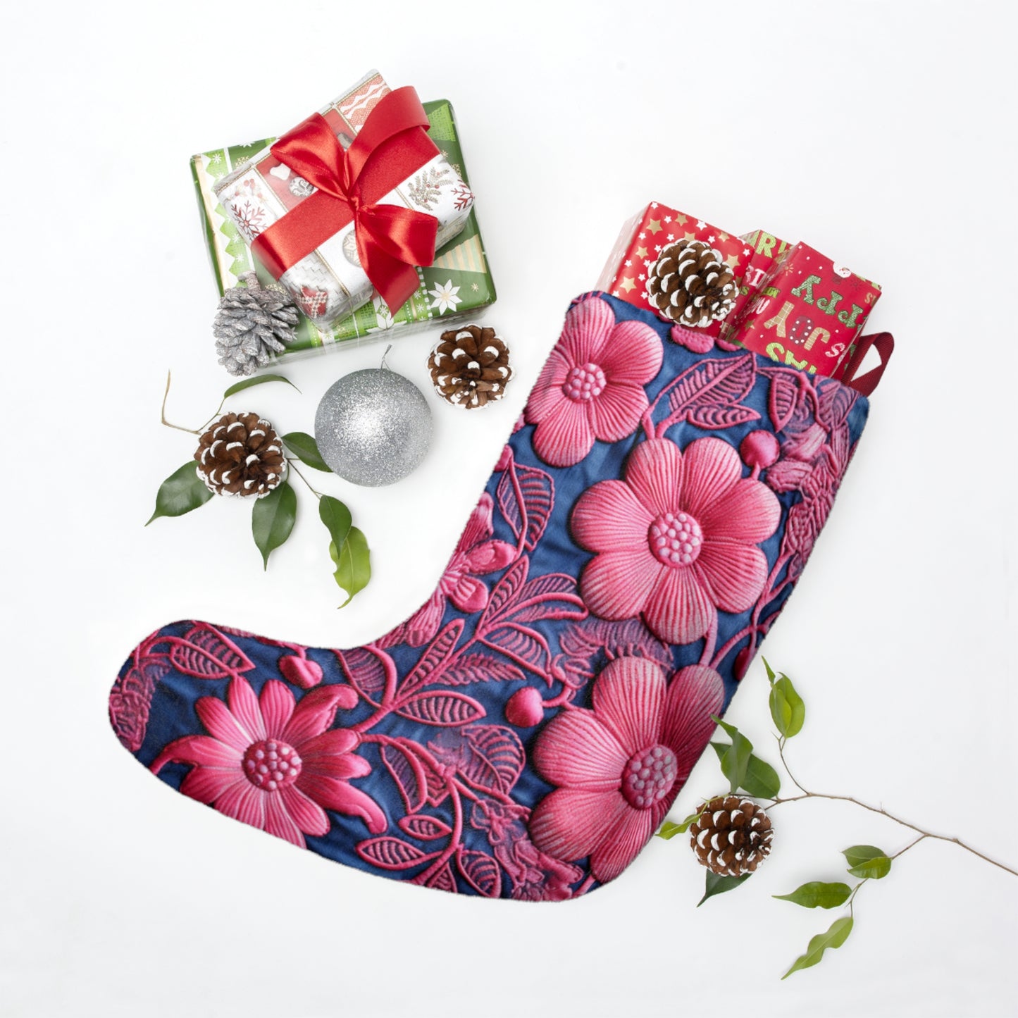 Denim Azul Muñeca Rosa Floral Bordado Estilo Tela Flores - Medias De Navidad 