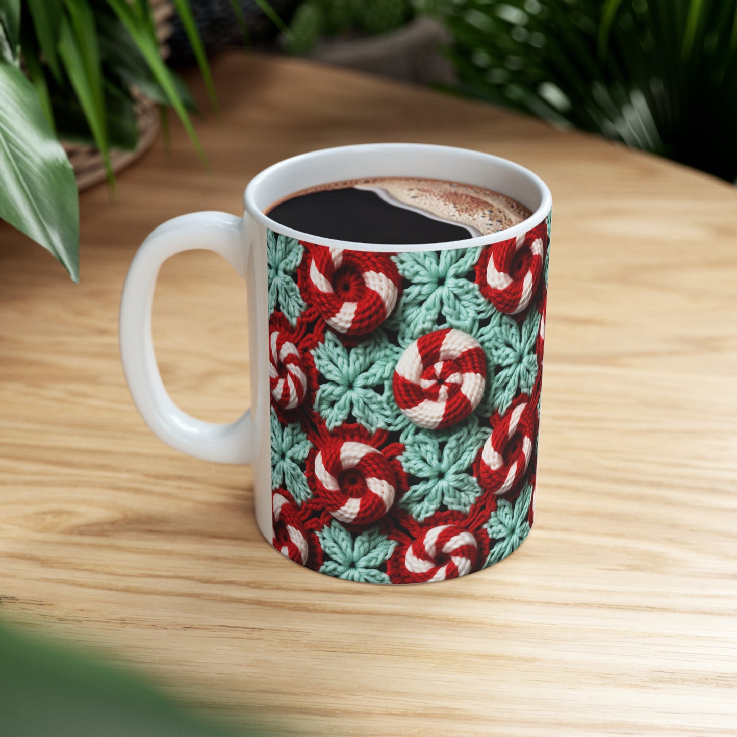 Bastón de caramelo de ganchillo navideño - Patrón navideño blanco y cristal rojo pimienta - Taza de cerámica de 11 oz