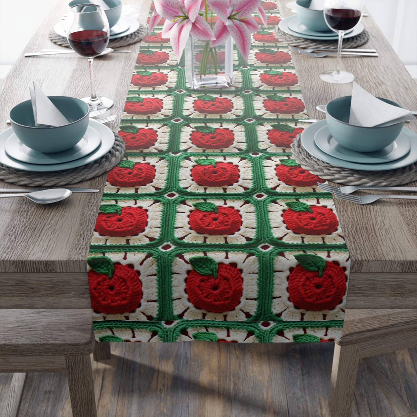 Apple Granny Square Crochet Pattern: Wild Fruit Tree, Delicious Red Design - Table Runner (Cotton, Poly)