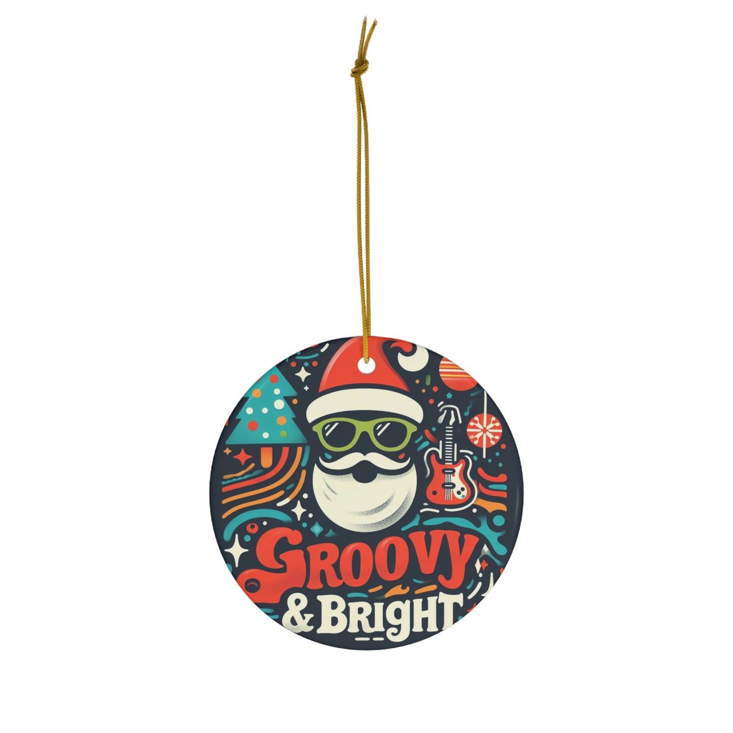 Groovy & Bright Santa Vibes - Retro Christmas Charm with Funky Guitar and Festive Trees - Ceramic Ornament, 4 Shapes