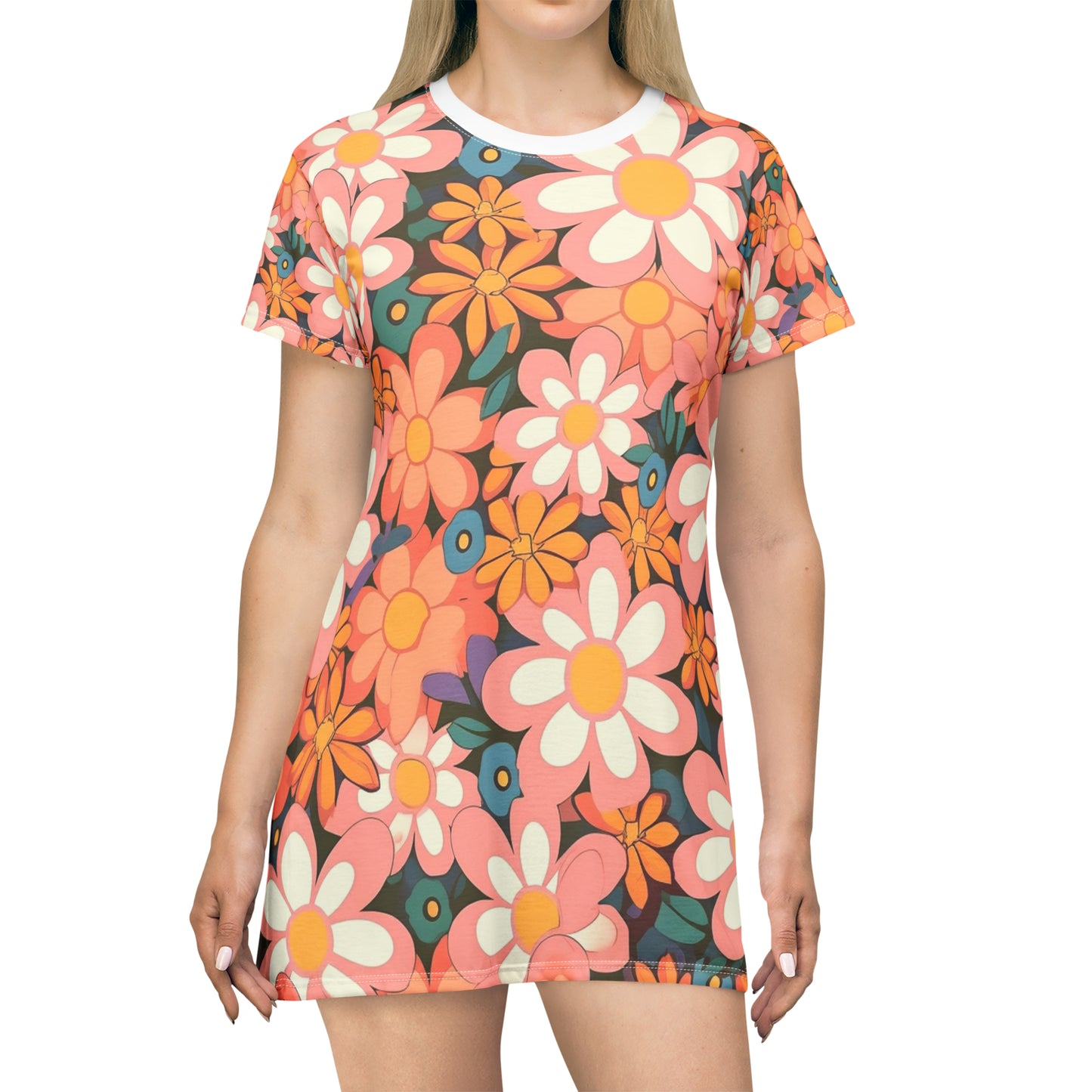 Groovy 1960s 1970s Pink &amp; Orange Daisy Mod Floral - Vestido tipo camiseta (AOP) 