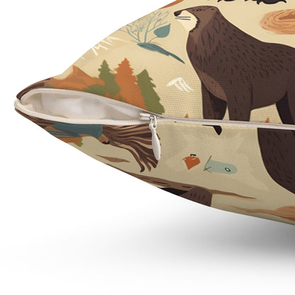 U.S. Wilderness Inspired: Grizzly Bears, Animals Pattern Spun Polyester Square Pillow