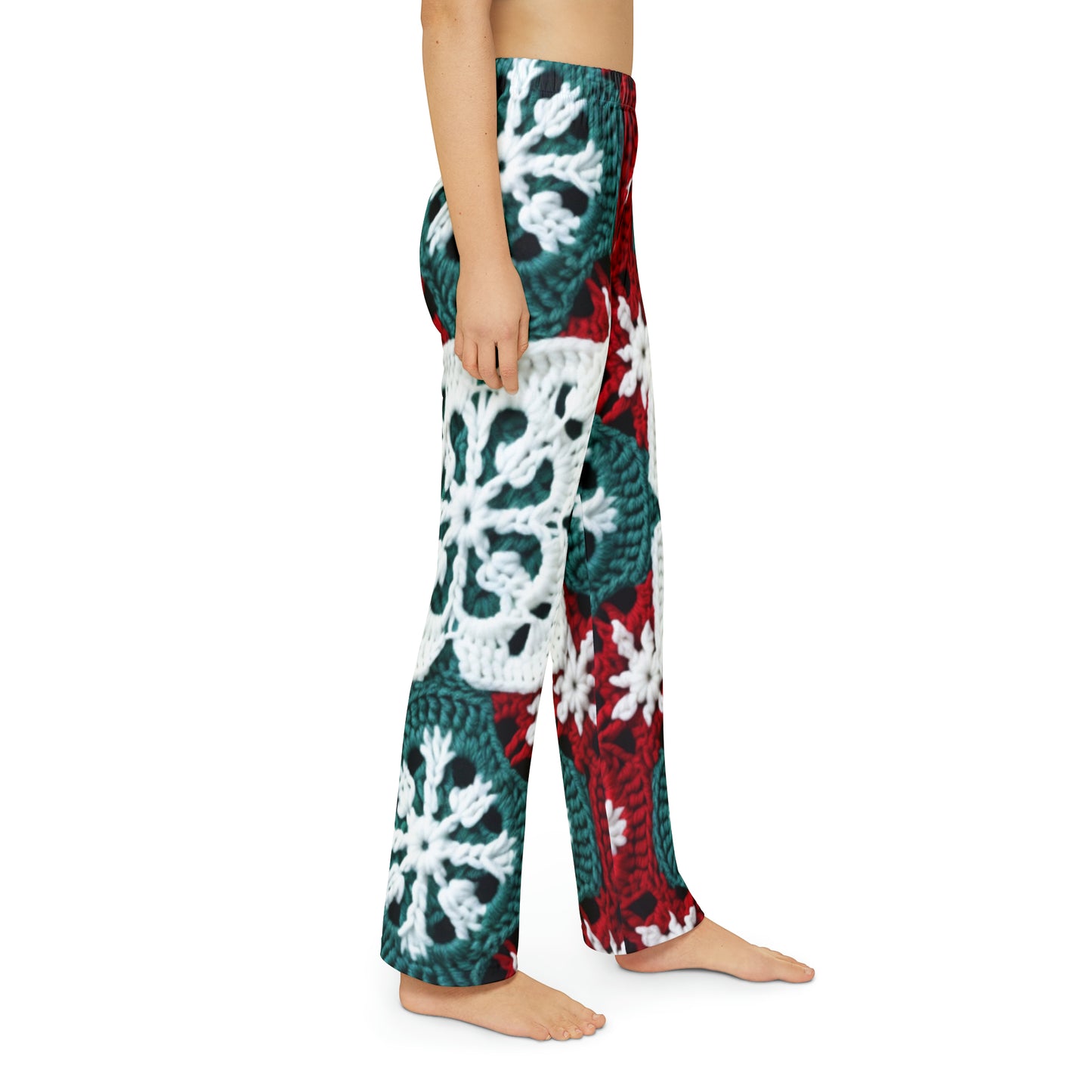 Christmas Snowflake Crochet, Festive Yuletide, Winter Wonderland Craft, Ice Crystal, Holiday Decor, Seasonal Adornments - Kids Pajama Pants (AOP)