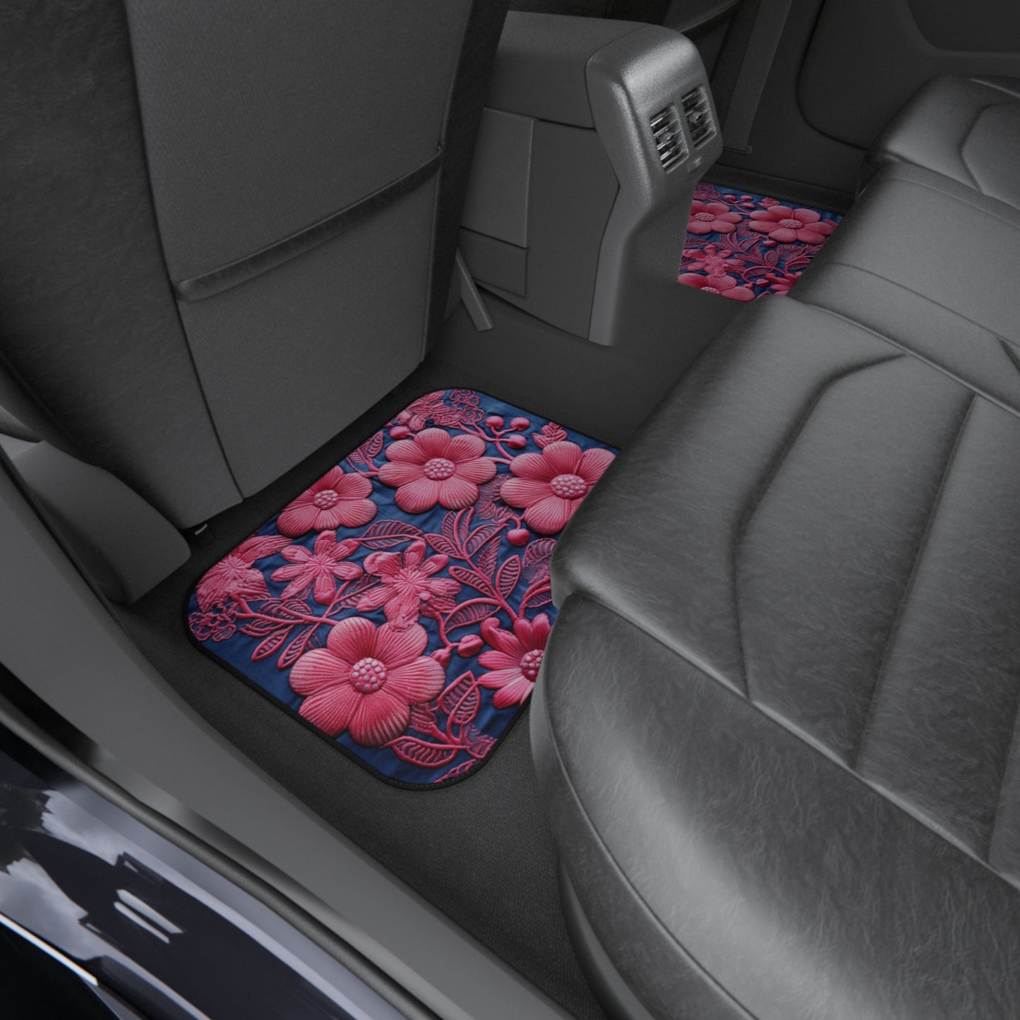 Denim Azul Muñeca Rosa Floral Bordado Estilo Tela Flores - Alfombrillas De Coche (Juego de 4) 