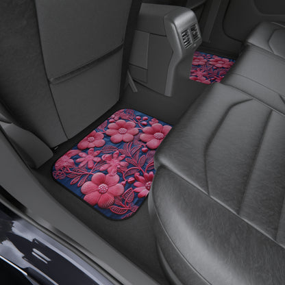 Denim Blue Doll Pink Floral Embroidery Style Fabric Flowers - Car Mats (Set of 4)