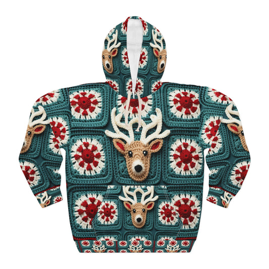 Christmas Reindeer Crochet, Wintry Wonderland Design, Festive Stag Motif. Embrace the Holiday Spirit - Unisex Pullover Hoodie (AOP)