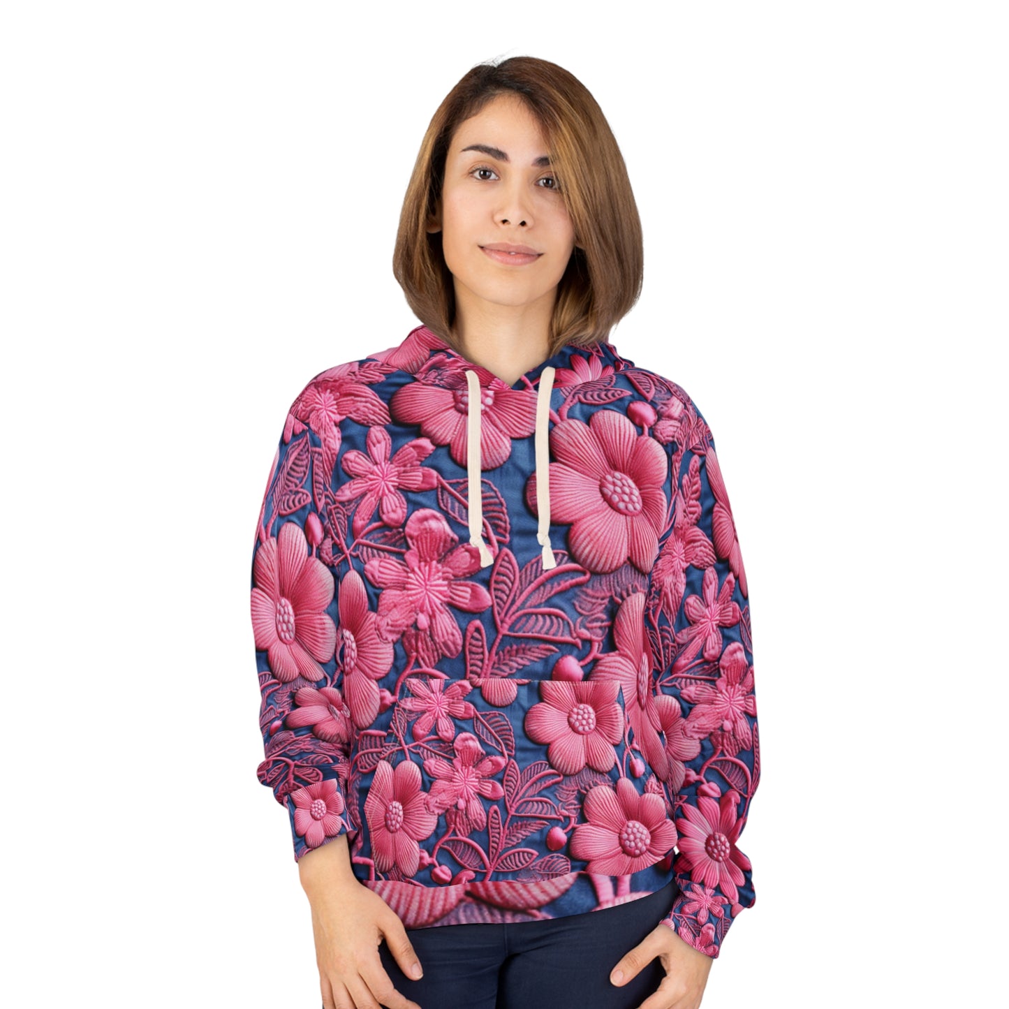 Denim Blue Doll Pink Floral Embroidery Style Fabric Flowers - Unisex Pullover Hoodie (AOP)