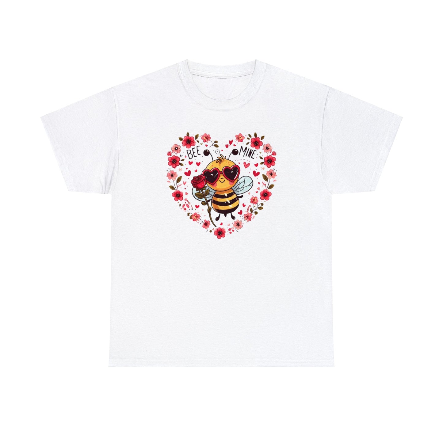 Whimsical Bee Love: Heartfelt Valentines Design with Floral Accents and Heart Sunglasses - Unisex Heavy Cotton Tee