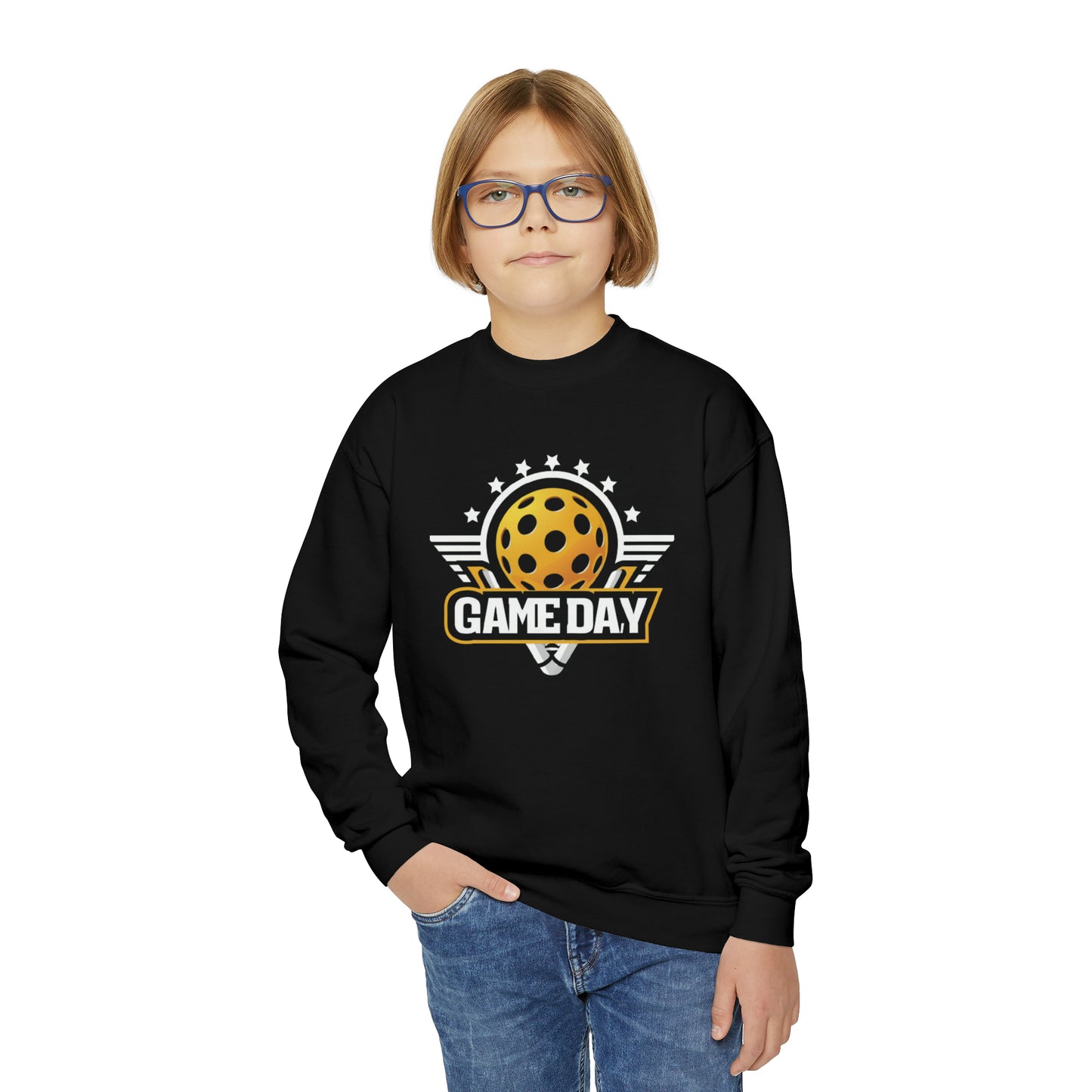 Stellar Pickleball Game Day Emblem with Stars and Winged Ball Design - Youth Crewneck Sweatshirt