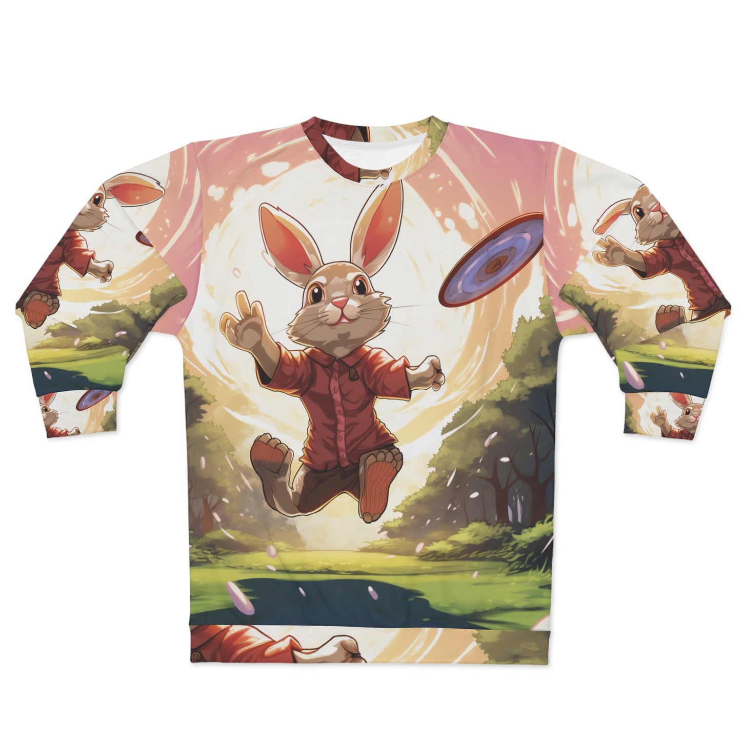 Disc Golf Rabbit: Bunny Aiming Frisbee for Basket Chain - Unisex Sweatshirt (AOP)