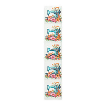 Aqua Blue Sewing Machine and Floral Watercolor Illustration, Artistic Craft - Table Runner (Cotton, Poly)