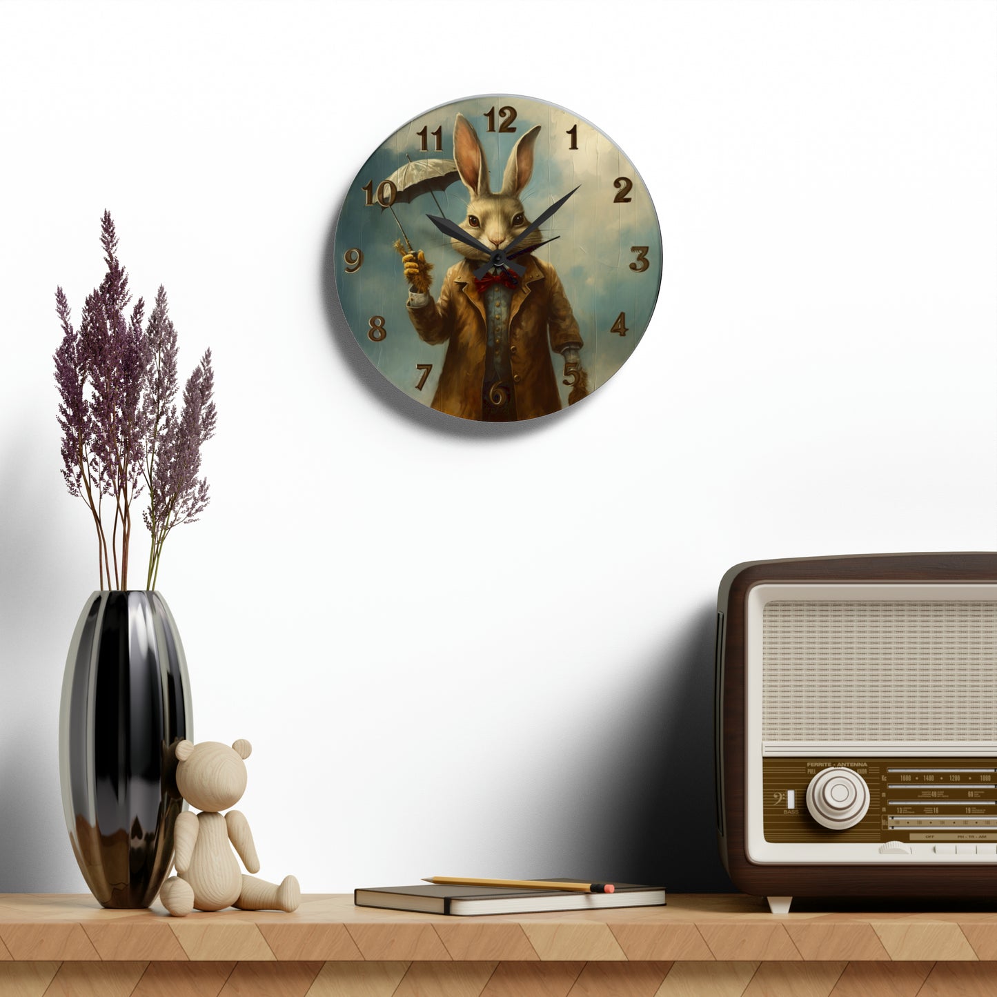 Old Rabbit Wearing Coat and Holding Umbrella Acrylic Wall Clock