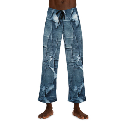 Distressed Blue Denim-Look: Edgy, Torn Fabric Design - Men's Pajama Pants (AOP)