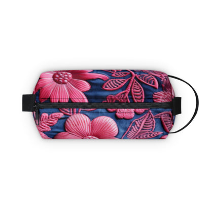 Denim Blue Doll Pink Floral Embroidery Style Fabric Flowers - Toiletry Bag