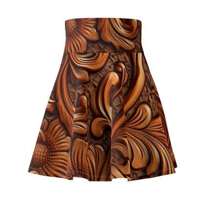 Leather Flower Cognac Classic Brown Timeless American Cowboy Design - Women's Skater Skirt (AOP)