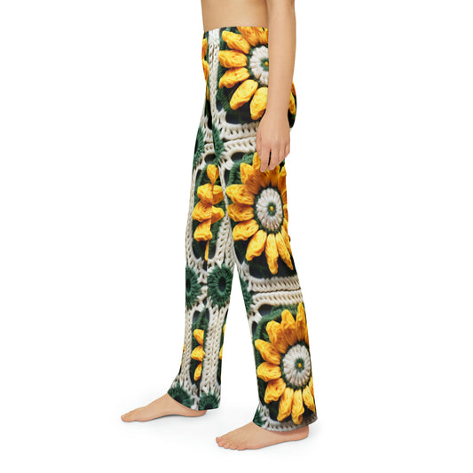Sunflower Crochet Elegance, Granny Square Design, Radiant Floral Motif. Bring the Warmth of Sunflowers to Your Space - Kids Pajama Pants (AOP)