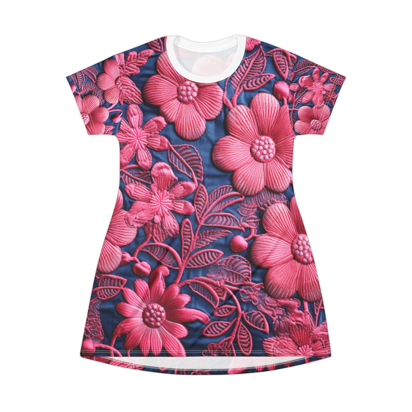 Denim Blue Doll Pink Floral Embroidery Style Fabric Flowers - T-Shirt Dress (AOP)