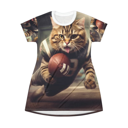 Football Field Felines: Kitty Cats in Sport Tackling Scoring Game Position - T-Shirt Dress (AOP)