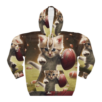 Football Kitty Fantasy: Feline Cat American Sport Quarterback - Unisex Pullover Hoodie (AOP)