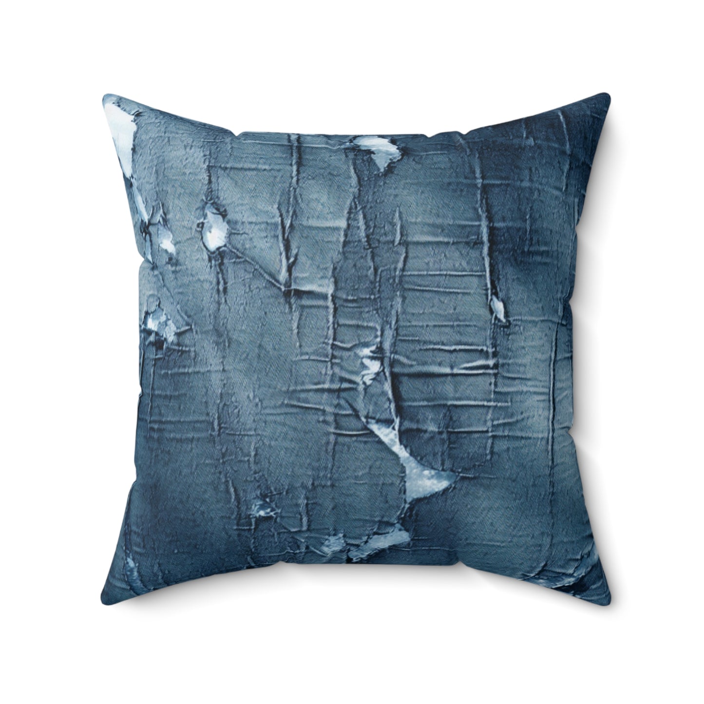 Distressed Blue Denim-Look: Edgy, Torn Fabric Design - Spun Polyester Square Pillow