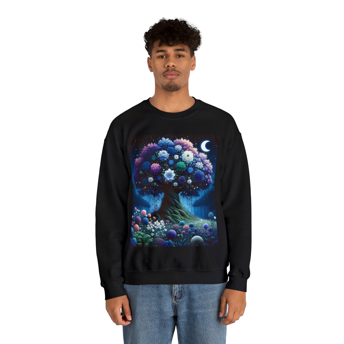 Starry Night Bloom: Magical Garden and Celestial Tree Art - Unisex Heavy Blend™ Crewneck Sweatshirt