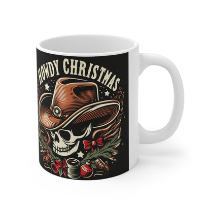 Spooky Western Holiday - Howdy Christmas with Cowboy Skull, Festive Hat & Seasonal Decor - Ceramic Mug 11oz