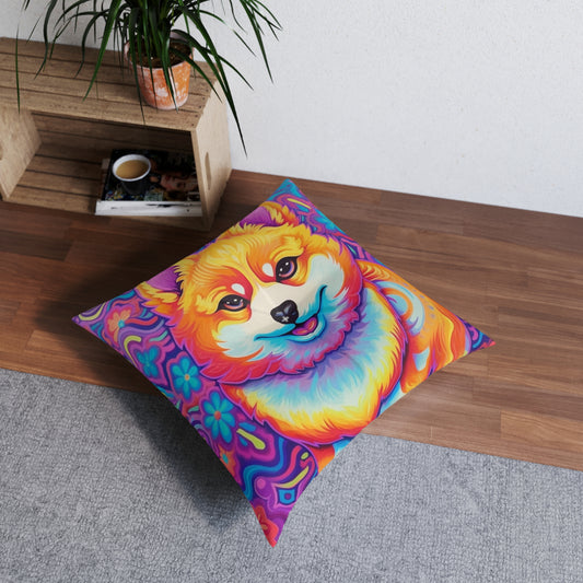 Diseño brillante de Shiba Inu y Corgi - Único, vibrante y llamativo - Almohada de suelo capitoné, cuadrada 