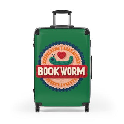 Crochet Bookworm Illustration: Cozy Reader Embroidered Patch Design - Suitcase