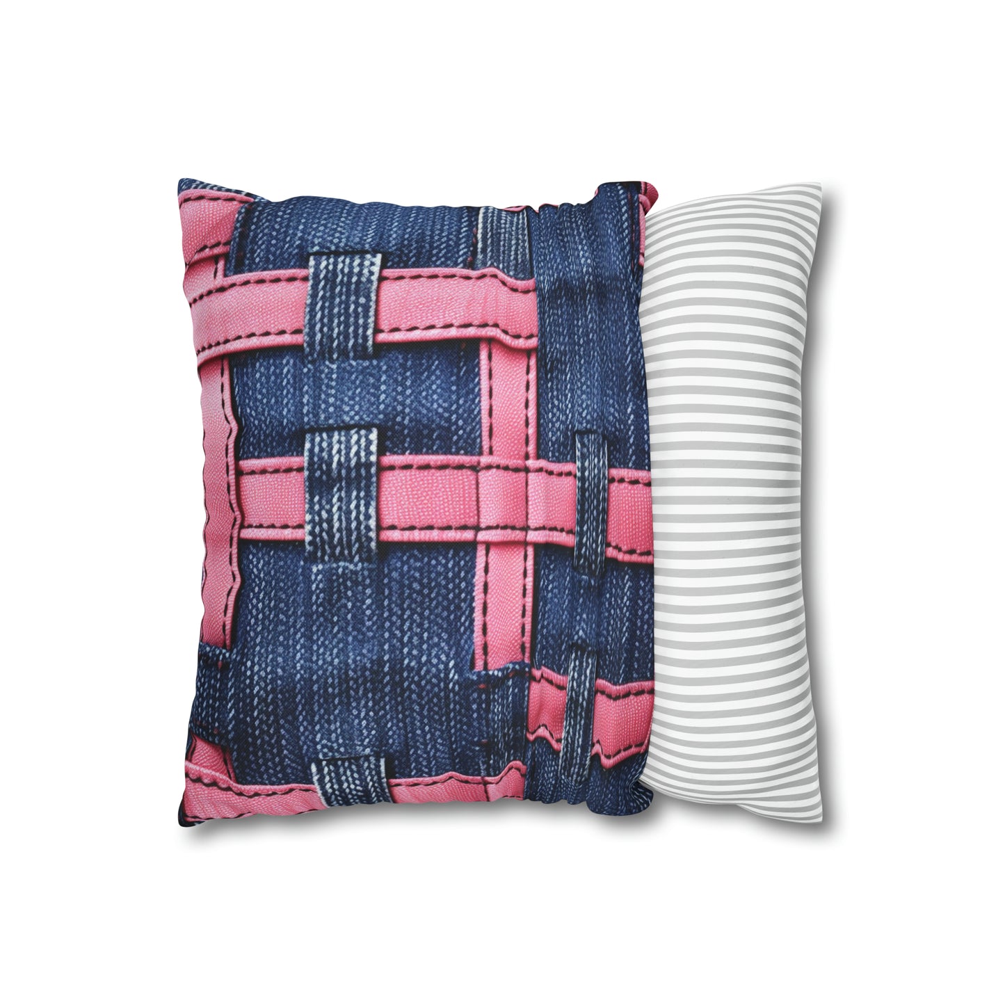 Candy-Striped Crossover: Pink Denim Ribbons Dancing on Blue Stage - Spun Polyester Square Pillow Case